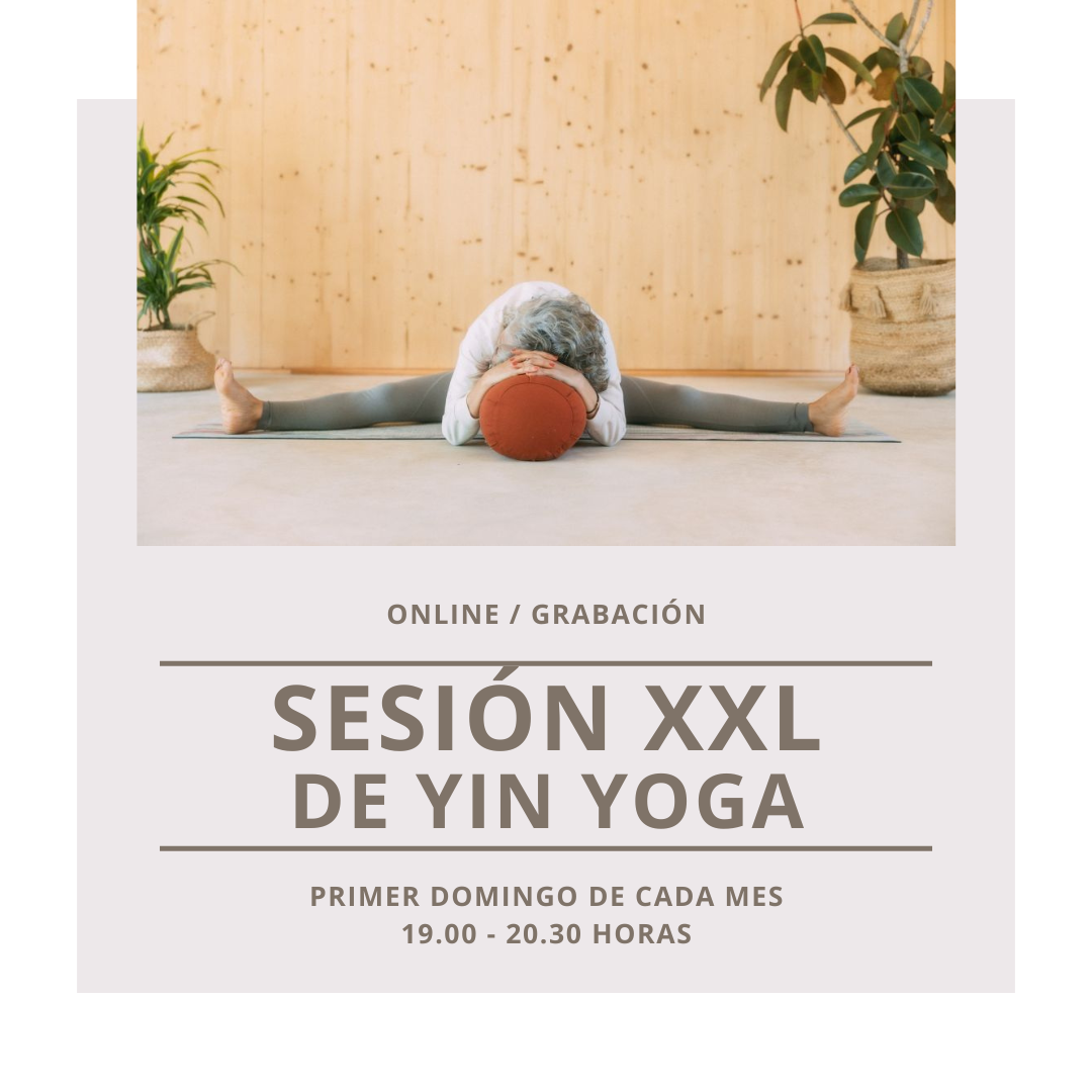 Postura de Libélula con zafu apoyando el tronco en una sesión XXL de Yin yoga online